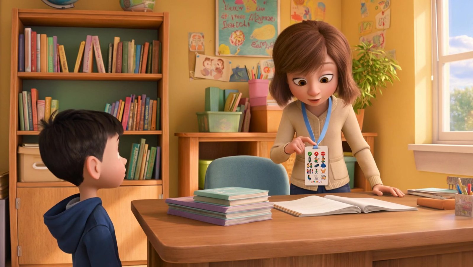 Illustration of a teacher pointing to the communication card on her lanyard while a young boy looks up at it.
